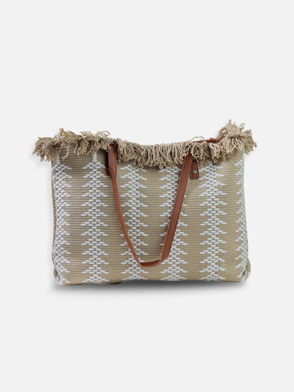 Beige and White Tote Bag with Fringe Trim