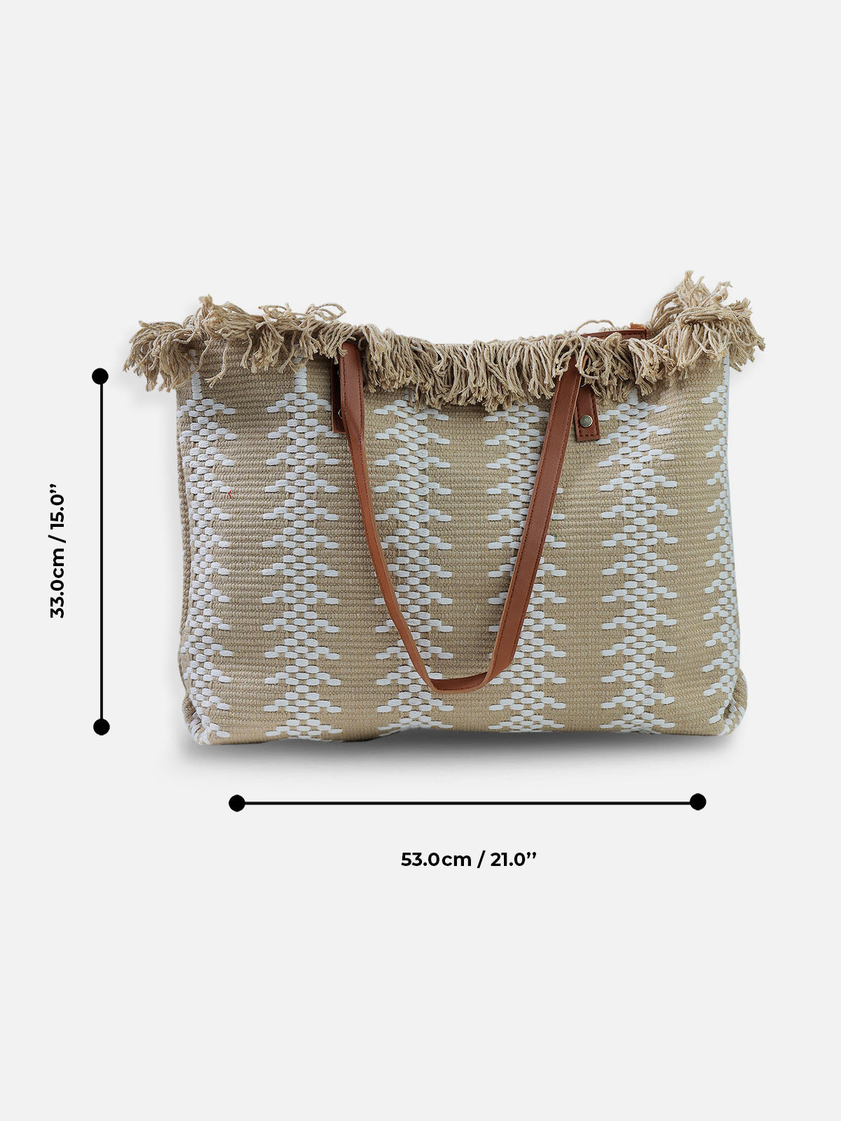 Beige and White Tote Bag with Fringe Trim
