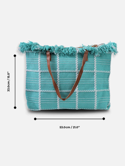 White Grid Tote Bag - Natural  Handbag with Brown Handles