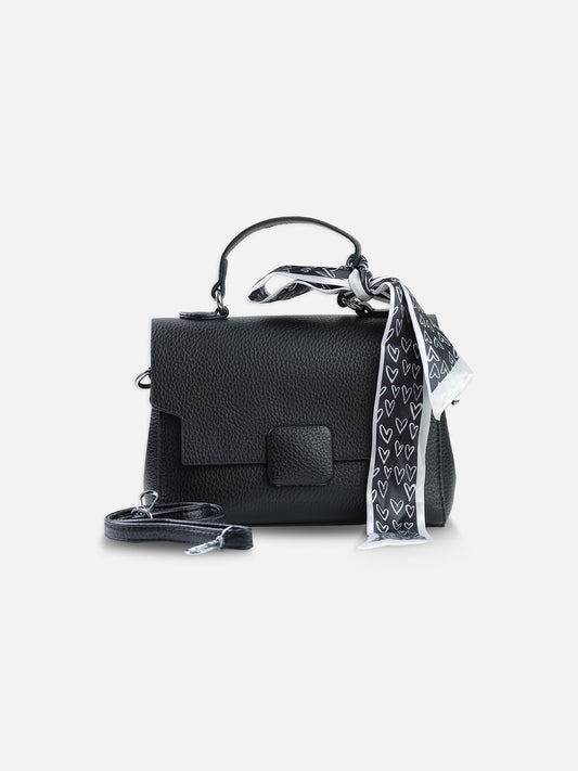 Elegant Black Shoulder Bag with Decorative Scarf