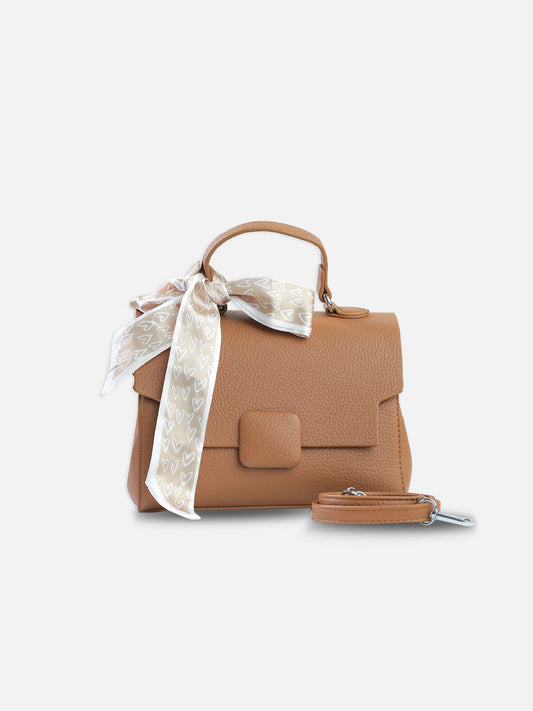 Elegant Camel Brown Shoulder Bag with Decorative Scarf