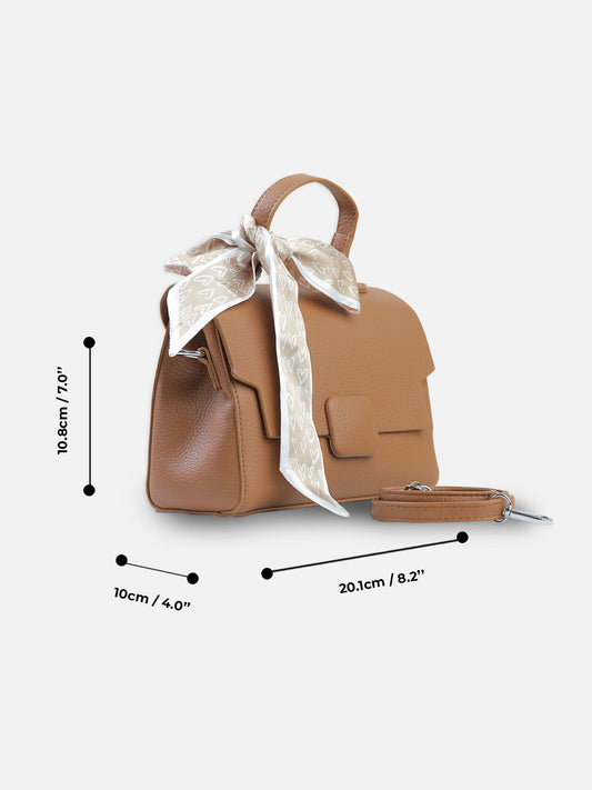 Elegant Camel Brown Shoulder Bag with Decorative Scarf