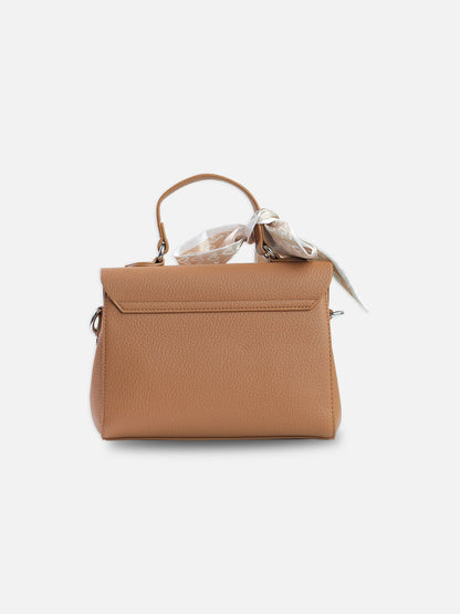 Elegant Camel Brown Shoulder Bag with Decorative Scarf