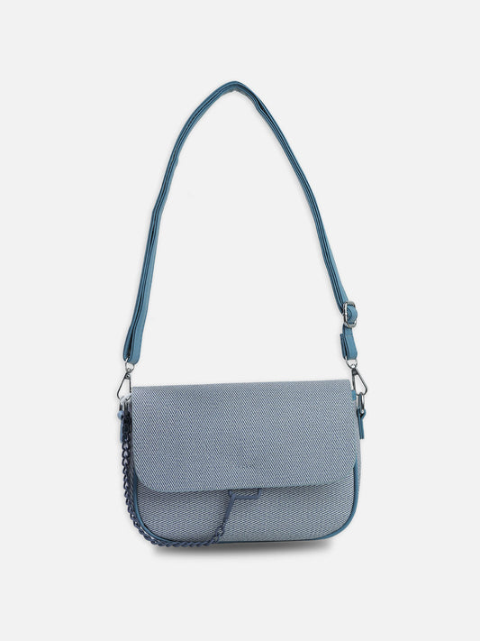 Ocean Slate – Premium Blue Textured Crossbody Bag with Chain Detail