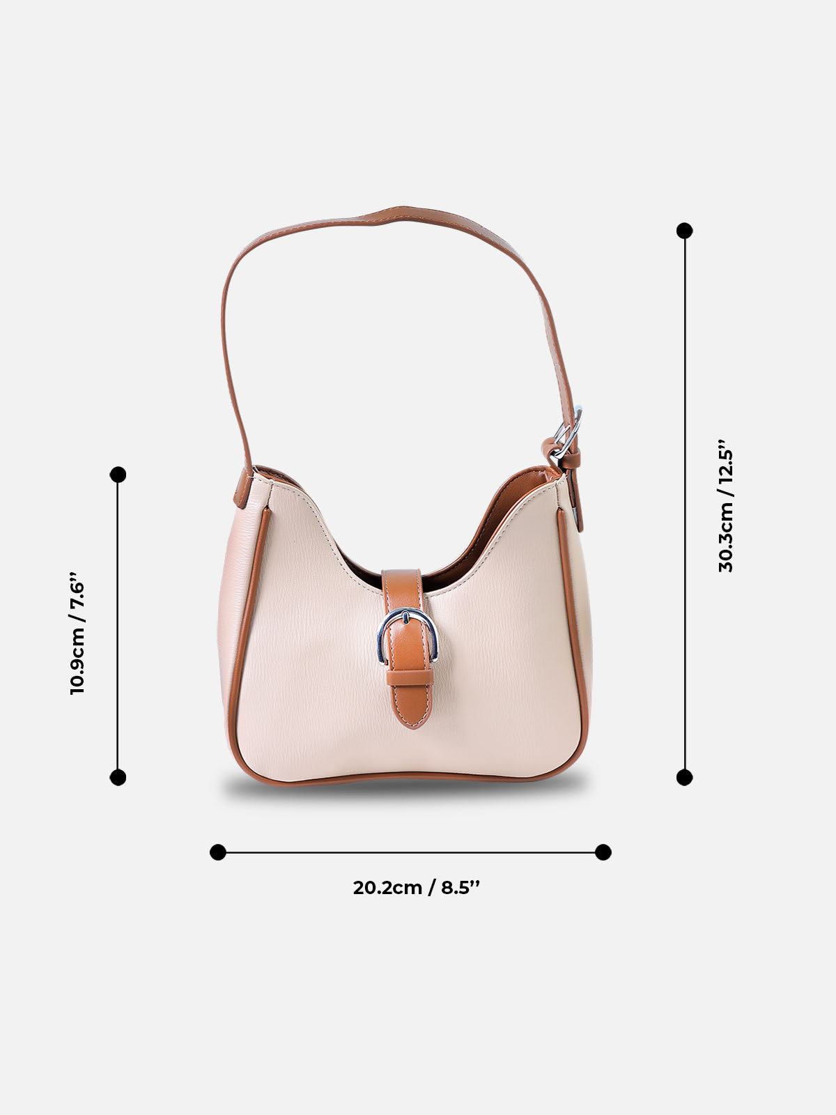 Beige & Tan Buckle Shoulder Bag – Elegant Faux Leather Hobo Purse for Women