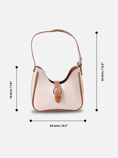 Beige & Tan Buckle Shoulder Bag – Elegant Faux Leather Hobo Purse for Women