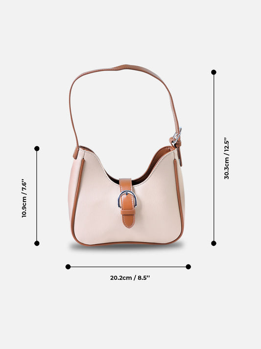 Beige & Tan Buckle Shoulder Bag – Elegant Faux Leather Hobo Purse for Women
