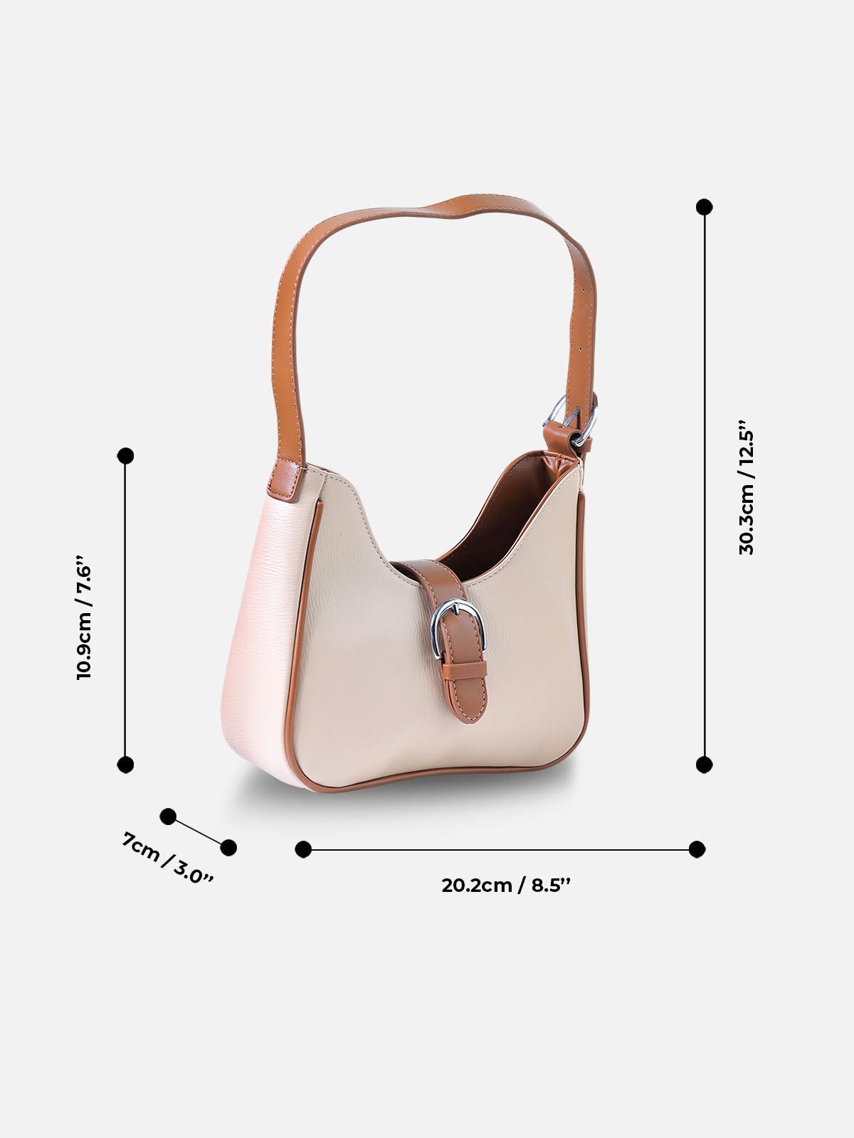 Beige & Tan Buckle Shoulder Bag – Elegant Faux Leather Hobo Purse for Women
