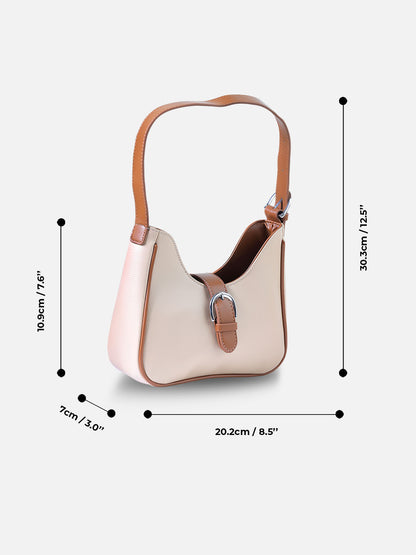 Beige & Tan Buckle Shoulder Bag – Elegant Faux Leather Hobo Purse for Women
