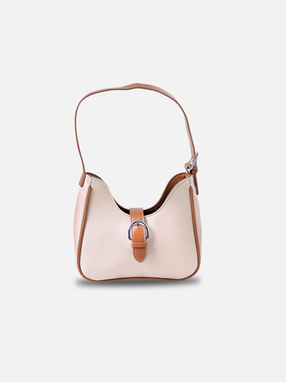 Beige & Tan Buckle Shoulder Bag – Elegant Faux Leather Hobo Purse for Women
