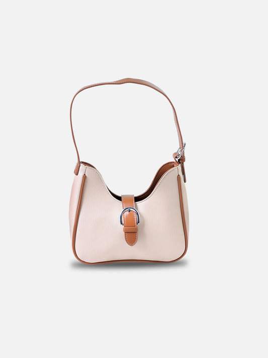 Beige & Tan Buckle Shoulder Bag – Elegant Faux Leather Hobo Purse for Women