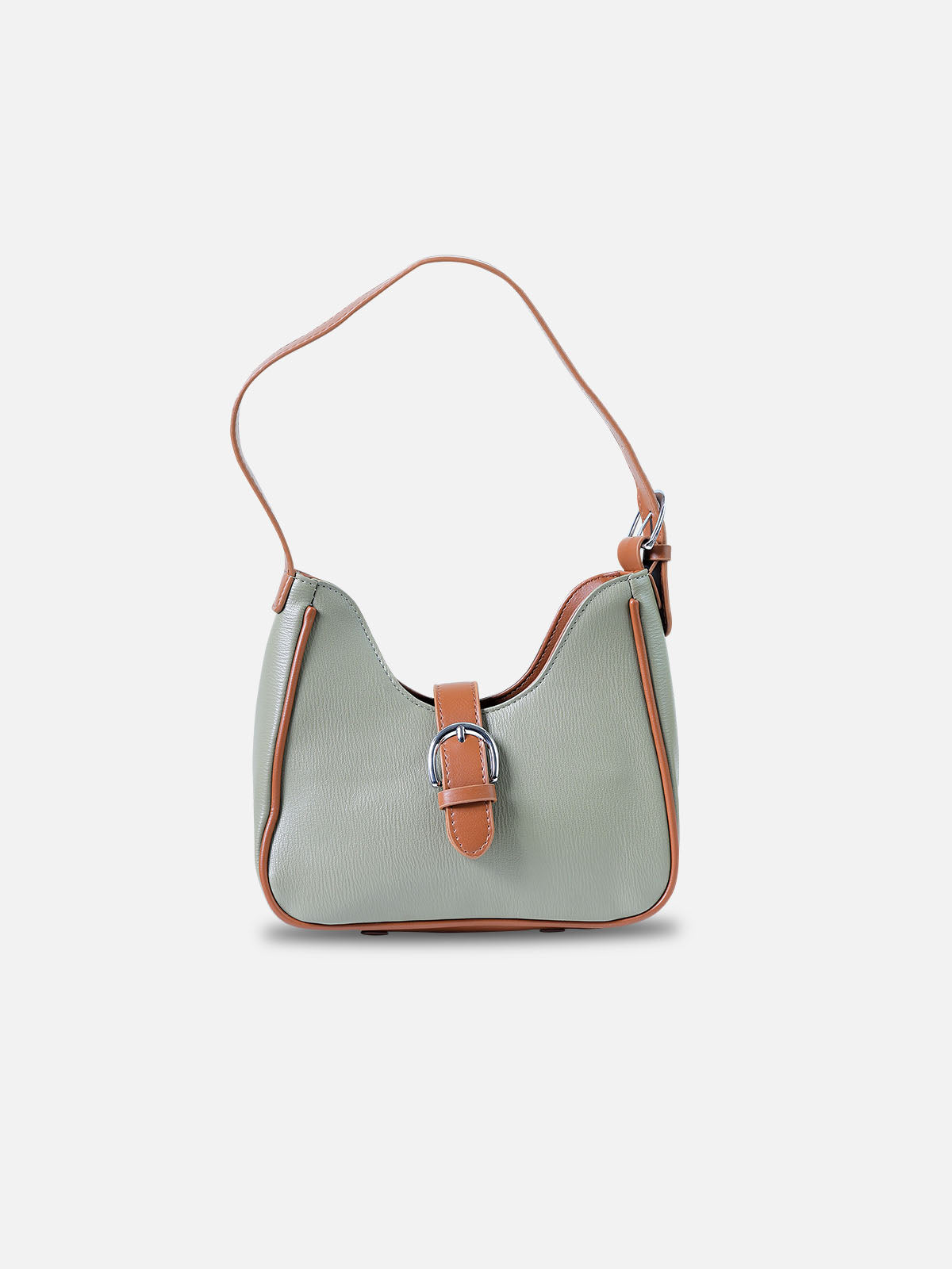 Sage Green & Tan Buckle Shoulder Bag – Faux Leather Hobo Purse for Women
