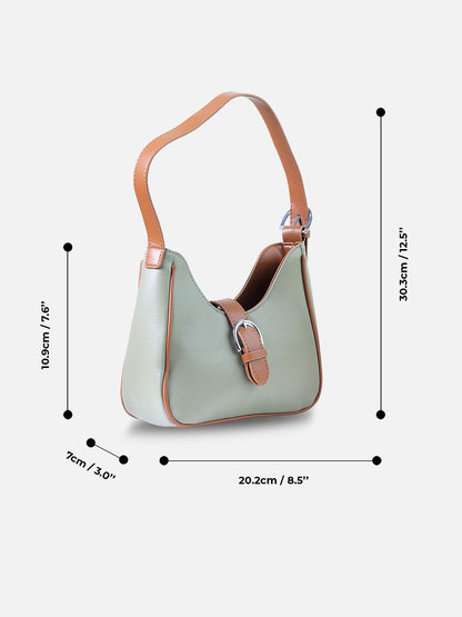 Sage Green & Tan Buckle Shoulder Bag – Faux Leather Hobo Purse for Women