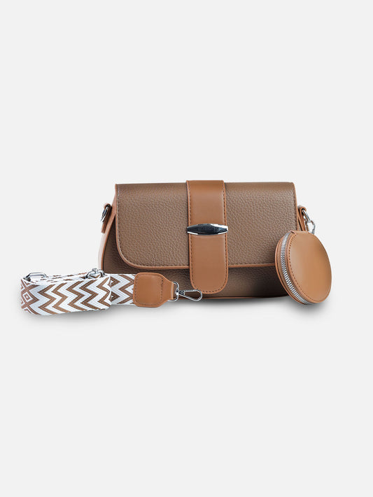 Classic Tan Crossbody Bag with Coin Pouch & Chevron Strap