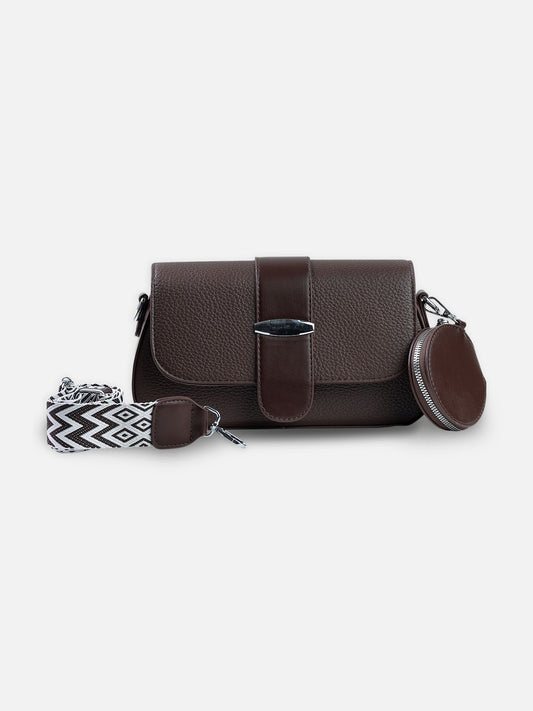 Mocha Elegance Crossbody Bag with Coin Pouch & Patterned Strap