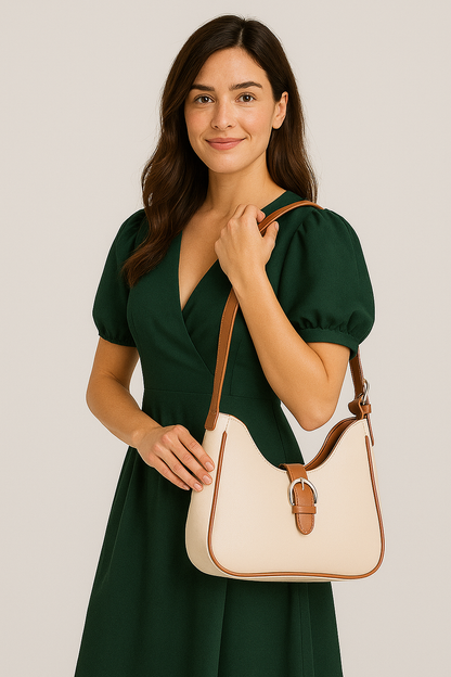 Beige & Tan Buckle Shoulder Bag – Elegant Faux Leather Hobo Purse for Women